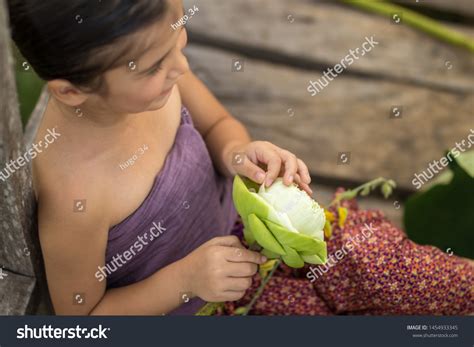 Foreigner Girl Thai Costume Holdingplaying Lotus Stock Photo 1454933345