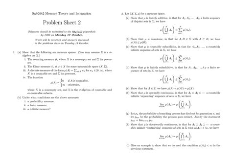 Ma40042 2016 2017 Problem Sheet 2 Ma40042 Measure Theory And