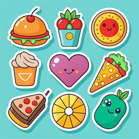 Stickers De Alimentos De Desenho Animado Bonitos Em Fundo Azul Vetor