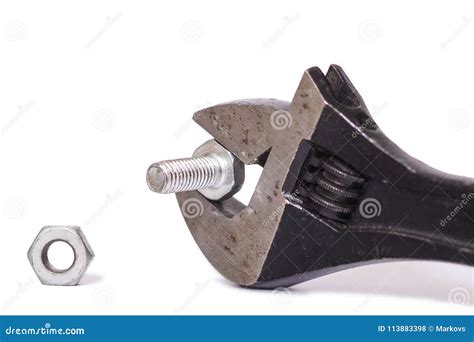 Adjustable Wrench With Bolt And Nut Isolated On White Background