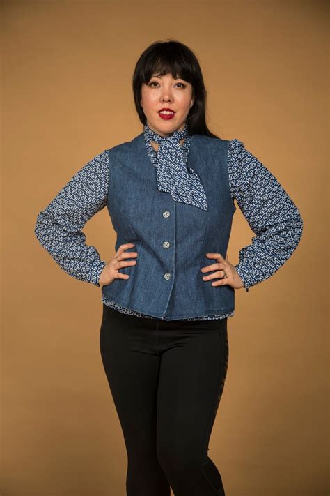 Fun S Blue Poly Blouse With A Pussy Bow Bishop Sleeve Denim Vest