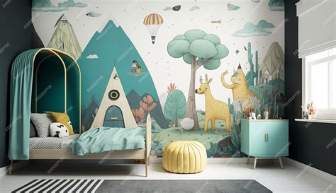 Premium Photo | A bedroom with a green wallpaper with a forest scene and a forest scene.