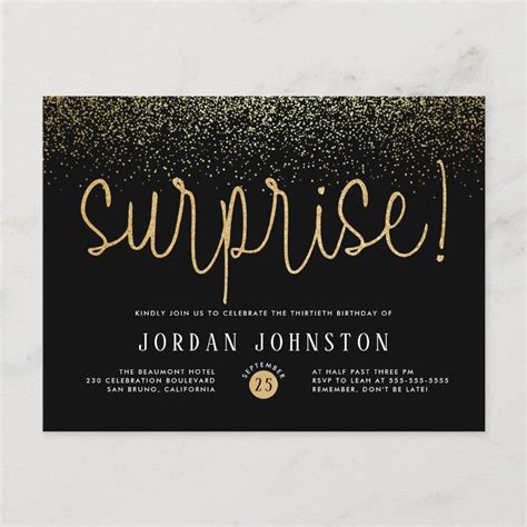 Modern Gold Glitter Surprise Birthday Party Invitation Postcard