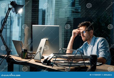 Young Man Alone Working Late Stock Image Image Of Entrepreneur