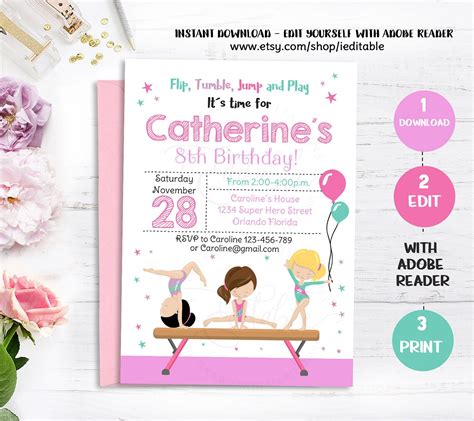 Gymnastic Invitation Gymnastics Birthday Invite Girls Etsy