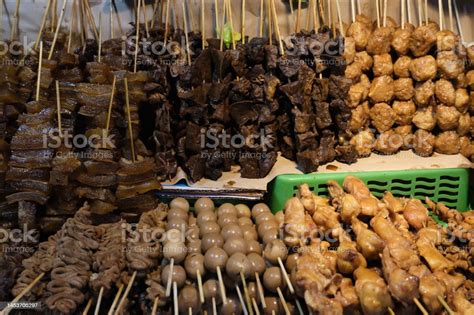 Various Satay On Display Chicken Innards Quail Eggs Intestines