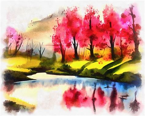 Premium Photo | Illustration of beautiful landscape in watercolor painting style on paper canvas ...