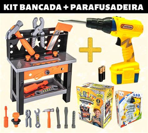 Kit Brinquedo Menino Bancada De Ferramentas E Parafusadeira PIca Pau