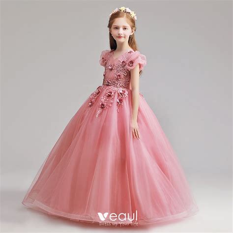 Elegant Candy Pink Flower Girl Dresses 2019 A Line Princess V Neck