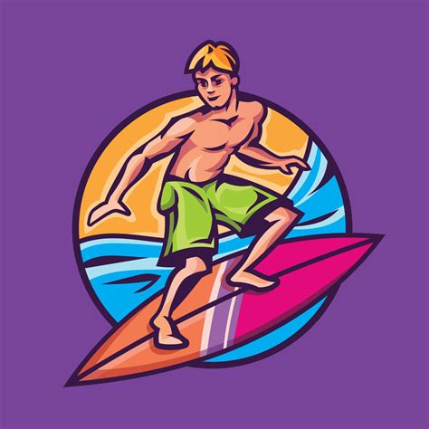 Man Standing On Surfboard Surfing Concept Art In Cartoon Style