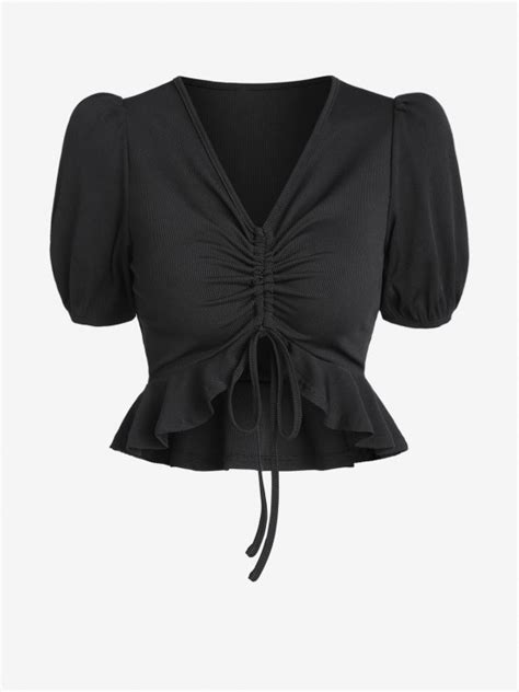 Zaful Cinched Puff Sleeve Ribbed Peplum Ruffled Hem Top In Black Zaful 2024