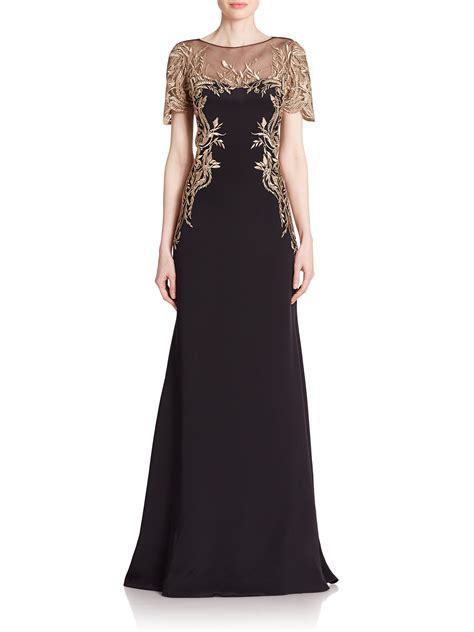 Marchesa Notte Embroidered Illusion Silk Crepe Gown In Black Lyst