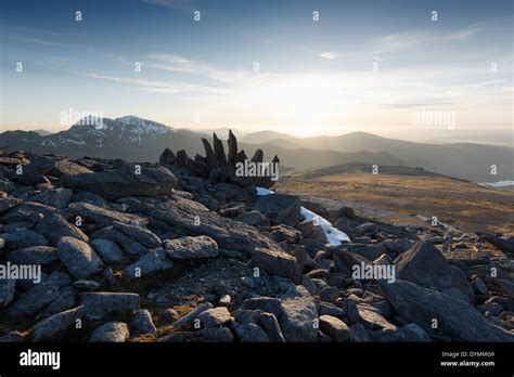 Glyder Fawr summit, with Mt Snowdon in the distance. Snowdonia National Park. Gwynedd. Wales. UK ...