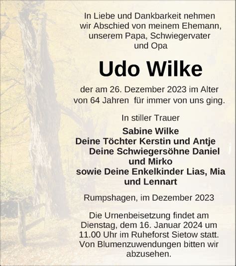 Traueranzeigen Von Udo Wilke Trauer Nordkurier