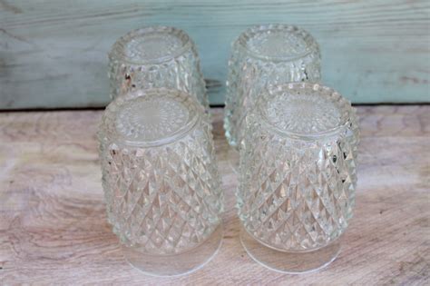 Vintage Indiana Glass Crystal Clear Diamond Point Drinking Glasses Old Fashioned Tumblers