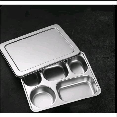 Jual Piring Makan Stainless Sekat 5 Tutup Stainless TEBAL Lunch Box