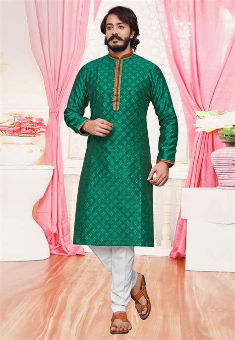 Green Jacquard Readymade Kurta Pajama 261149