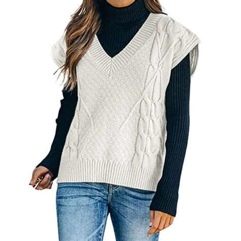 Women Solid Color V Neck Knit Sweater Vest Sleeveless Checked Knitwear