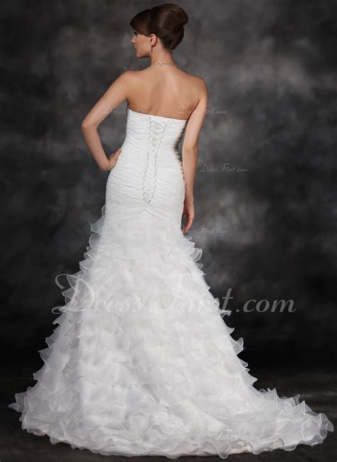 Trumpet Mermaid Sweetheart Court Train Satin Organza Wedding Dress With