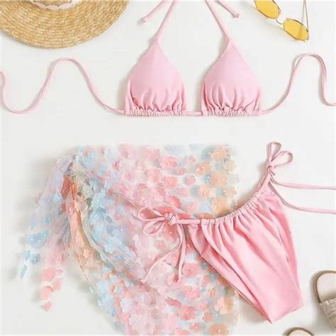 Bikini SET 3 ชน สชมพหวาน ผาคลมบนดอกไม พรอมสงในไทย Shopee Thailand