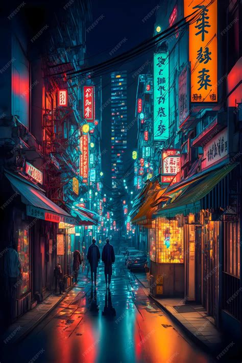 Premium Photo | Streets of Tokyo city night neon lights hand drawn illustration