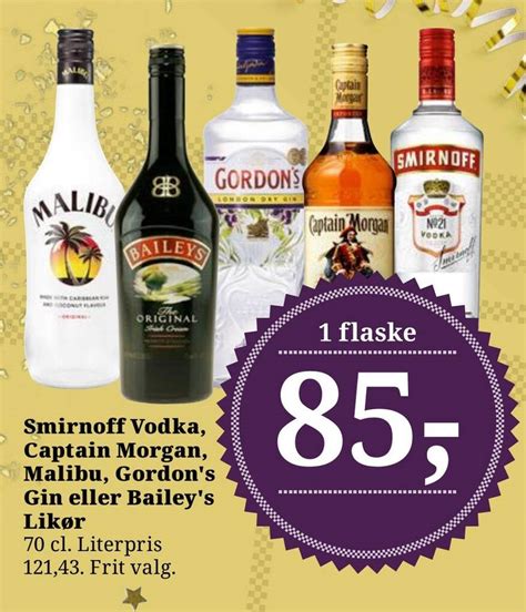 Smirnoff Vodka Captain Morgan Malibu Gordon S Gin Eller Bailey S