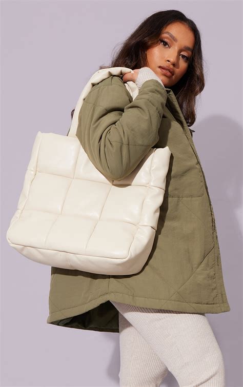 Cream Oversized Square Quilted Tote Bag Prettylittlething