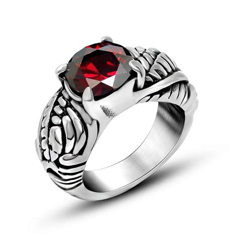 Titanium Steel With Red Cubic Zirconia Casting Ring Vintage Personality