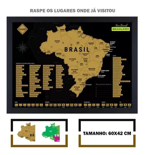 Mapa Do Brasil 60x42 Raspadinha Moldura Cor Dourado Cor Da Armação