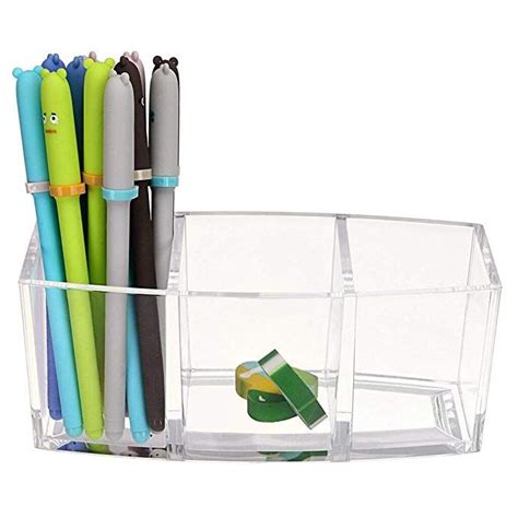 Btsky Clear Acrylic Pencil Pen Holder Large 3 Compartments Office Desktop Organizer