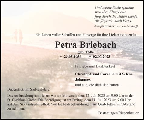 Traueranzeigen Von Petra Briebach Trauer Anzeigen De