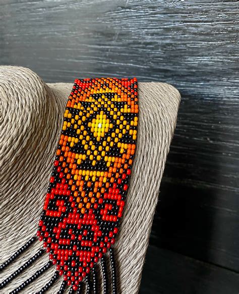 Yellow Red Long Huichol Art Colorful Geometric Beadwork Tassel Etsy