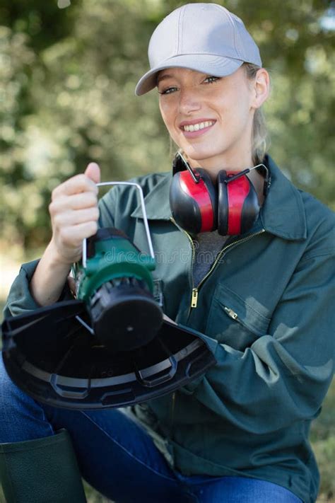 Young Woman Mowing Grass Stock Photo Image Of Mowing 266506762