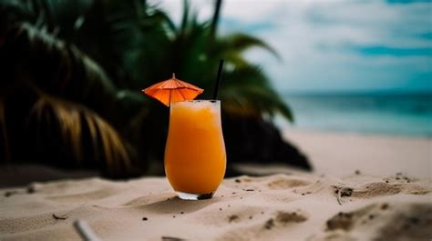 Premium Photo Fresh Cold Cocktail On Tropical Beach With Palms And