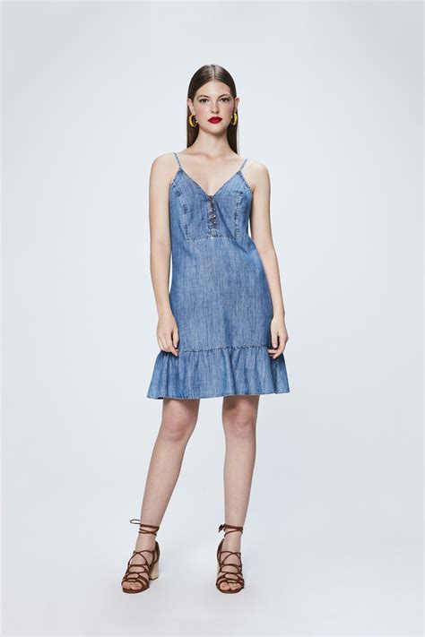 Vestido Jeans Soltinho Com Babado Ideias Fashion Vestidos Vestido Jeans