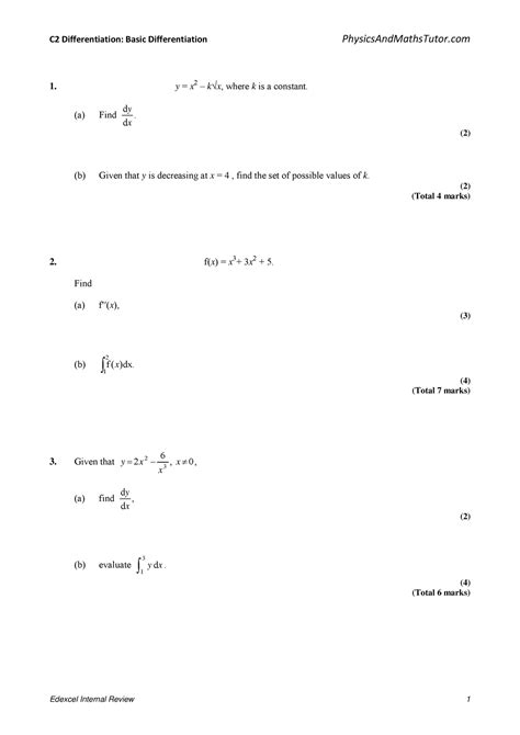 C2 Differentiation Basic Differentiation Y X 2 K√x Where K Is A Constant A Find X Y