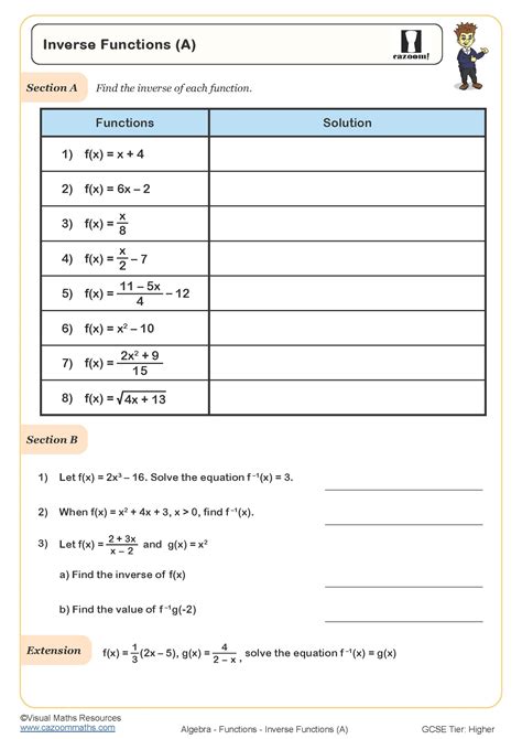 Inverse Functions (A) Worksheet | Printable Maths Worksheets