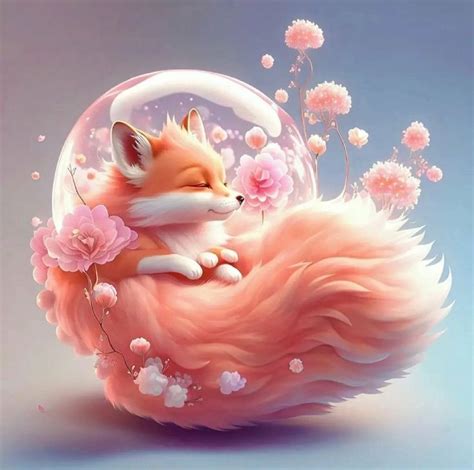 A Painting Of A Fox Sitting On Top Of A Bubble With Flowers In The