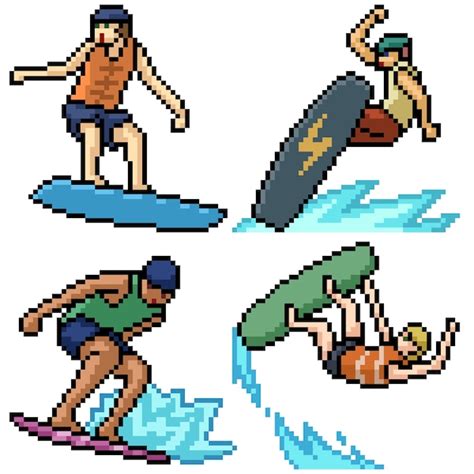 Premium Vector Pixel Art Set Isolated Surfboard Action