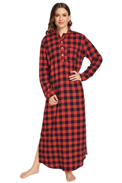 Womens Plaid Flannel Nightgowns Full Length Sleep Shirts Latuza