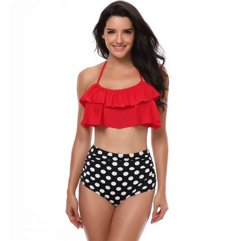 Women High Waist Swimwear Ruffle Halter Plus Size Bikini Swimsuit Lace Up Bandage Printed Bottom