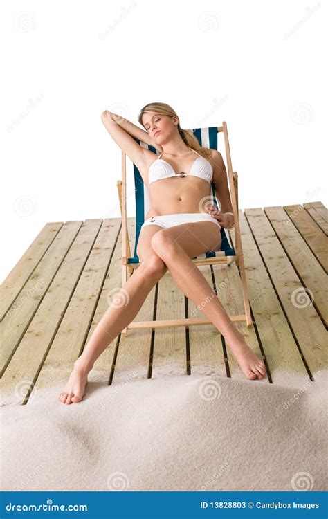 Beach Woman In Bikini Sunbathing On Deck Chair Stock Image Image