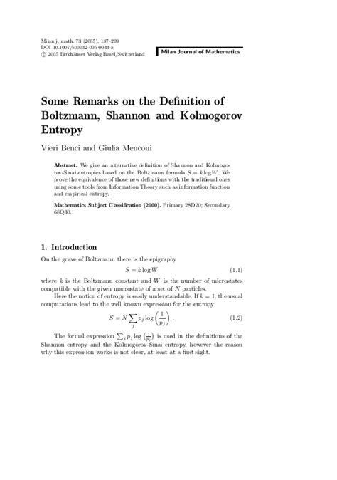 Pdf Some Remarks On The Definition Of Boltzmann Shannon And