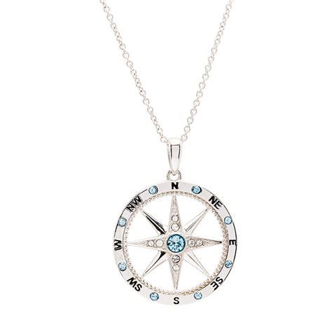 Sterling Silver Aquamarine White Crystal Compass Necklace Ocean Jewelry