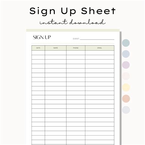 Printable Sign Up Sheet Contact Sheet Event Sign Up Form Party Sign