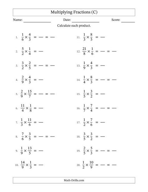 Multiplying Proper And Improper Fractions With Some Simplification Fillable C