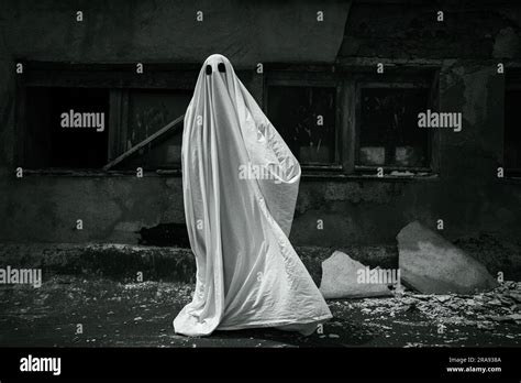 Ghost wear sheet over background of old ruined building, vintage style, black and white photo ...