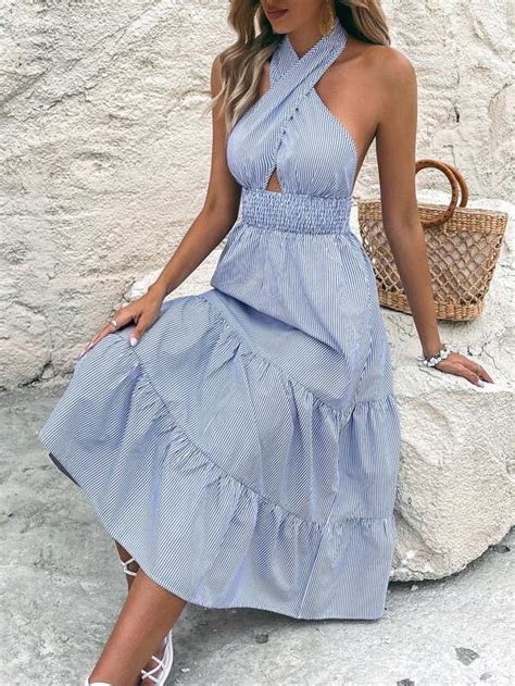 Shein Vcay Criss Cross Tie Backless Ruffle Hem Halter Dress Shein Euqs