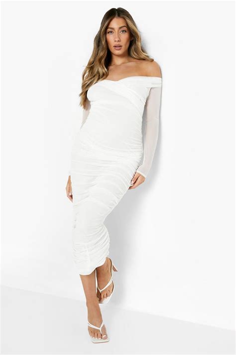 Maternity Off Shoulder Ruched Mesh Midi Dress Boohoo Uk