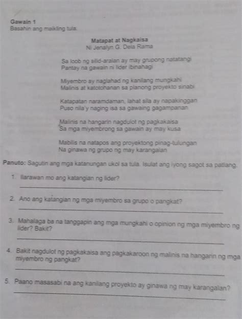 Basahin Ang Maikling Tula At Sagutin Ang Mga Tanong Brainly Ph